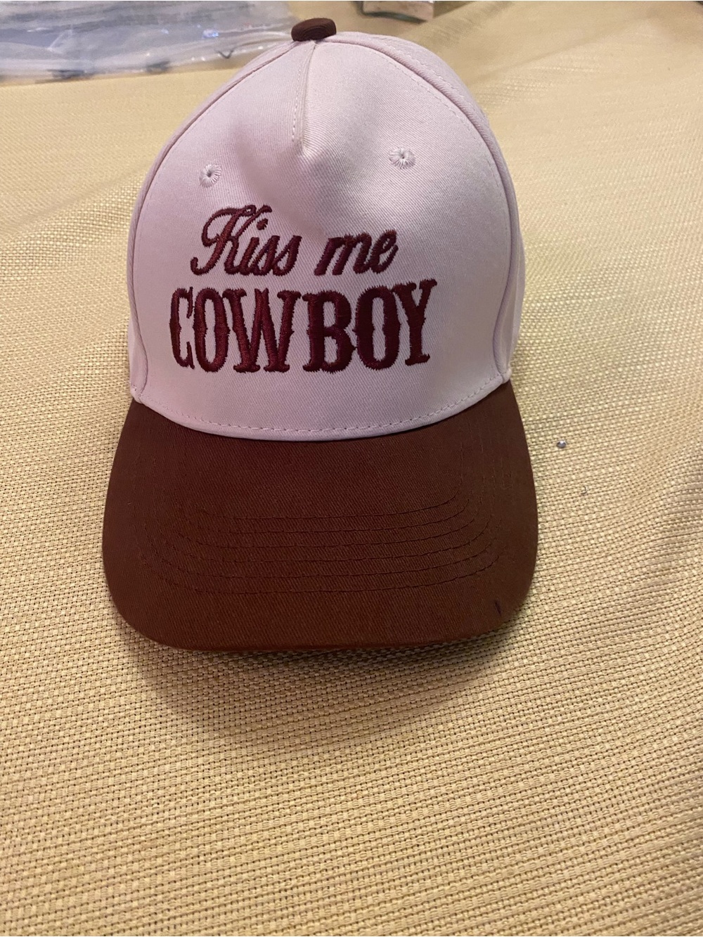 Kiss Me Cowboy Embroidered Baseball Cap - Beige & Brown